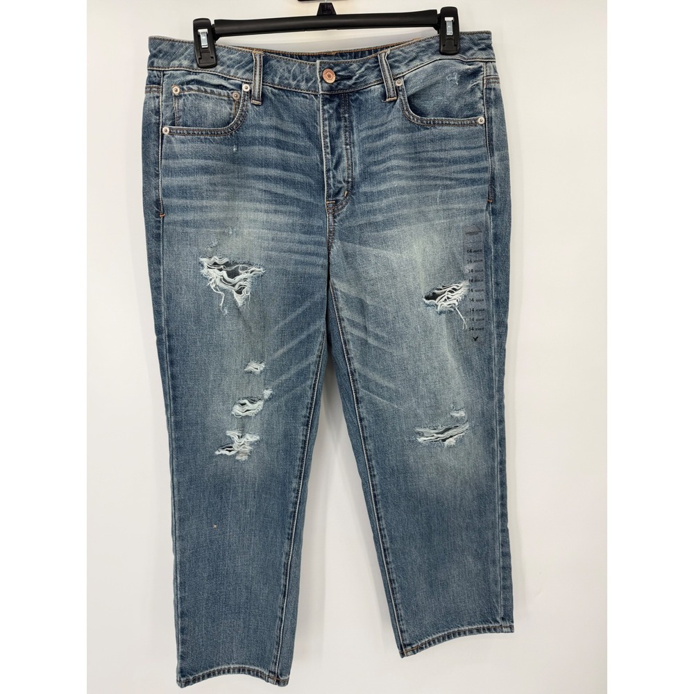 American Eagle Boy Crop Jeans Women 14 Blue Distressed Low Rise Button‎ Fly New